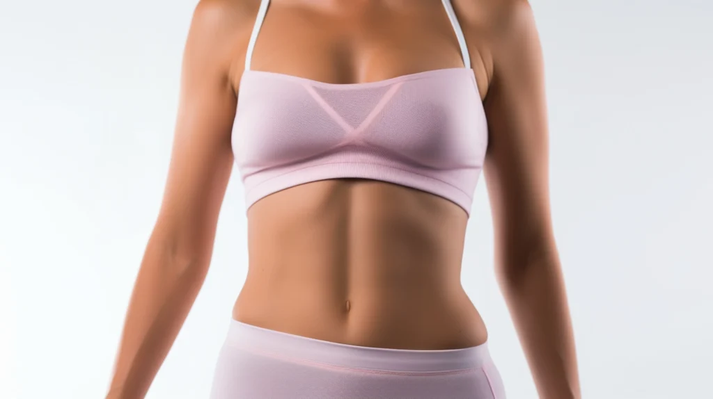 A mature woman in white lace lingerie standing confidently with hands on her hips, representing a successful candidate for Lipo Abdominoplasty after achieving weight stability.