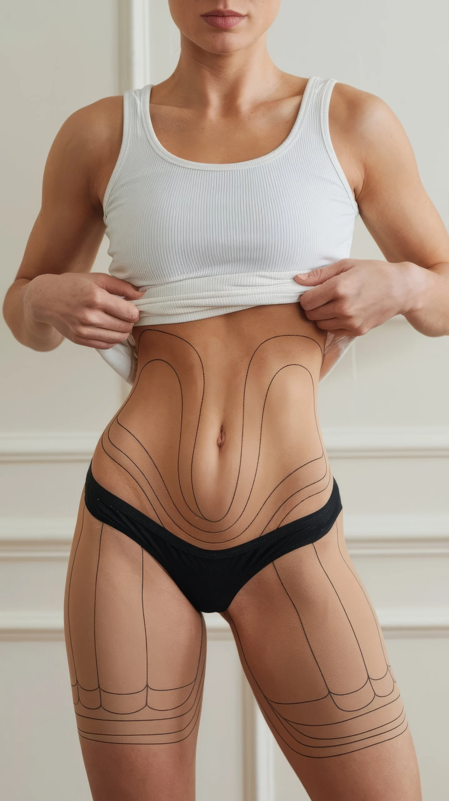 Assessment for belly liposuction in Dubai showing surgical markings on a fit patient’s abdomen and thighs.