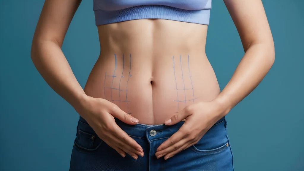 Close-up of a patient's abdomen with blue grid markings for belly liposuction in Dubai.