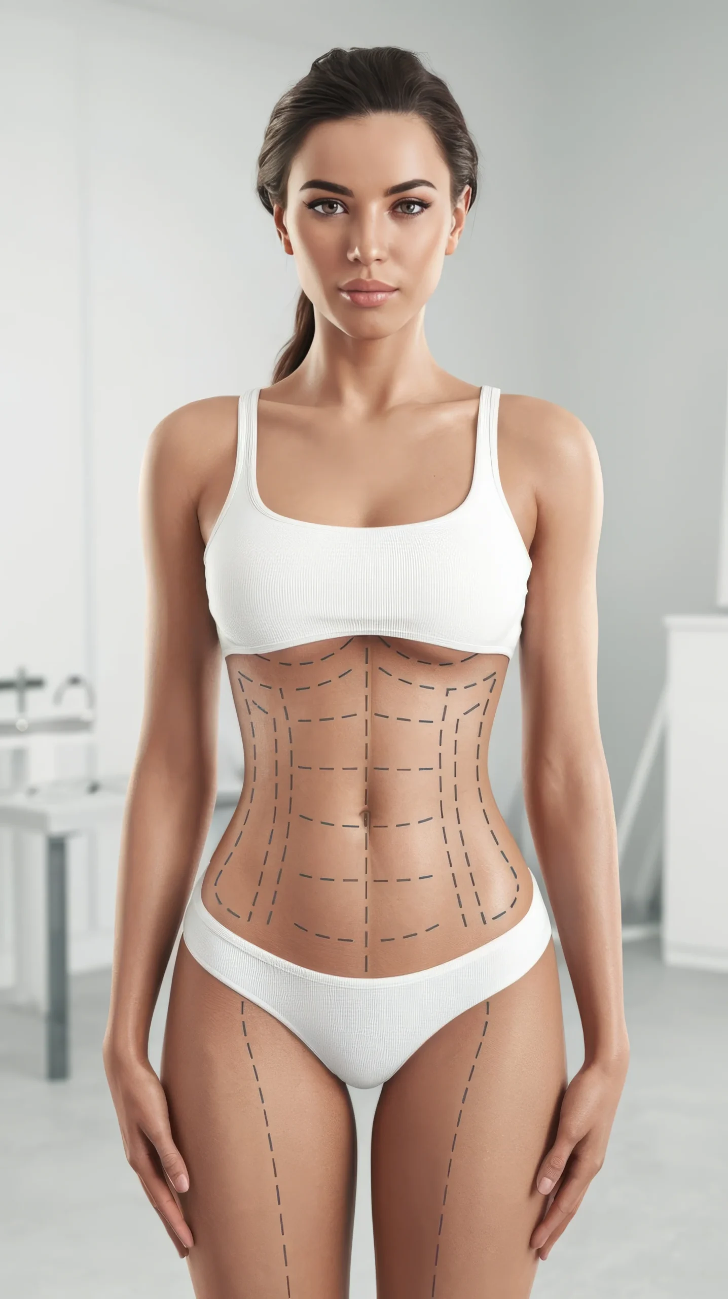 Full frontal view of a woman with surgical markings for belly liposuction in Dubai covering the abdomen and thighs.