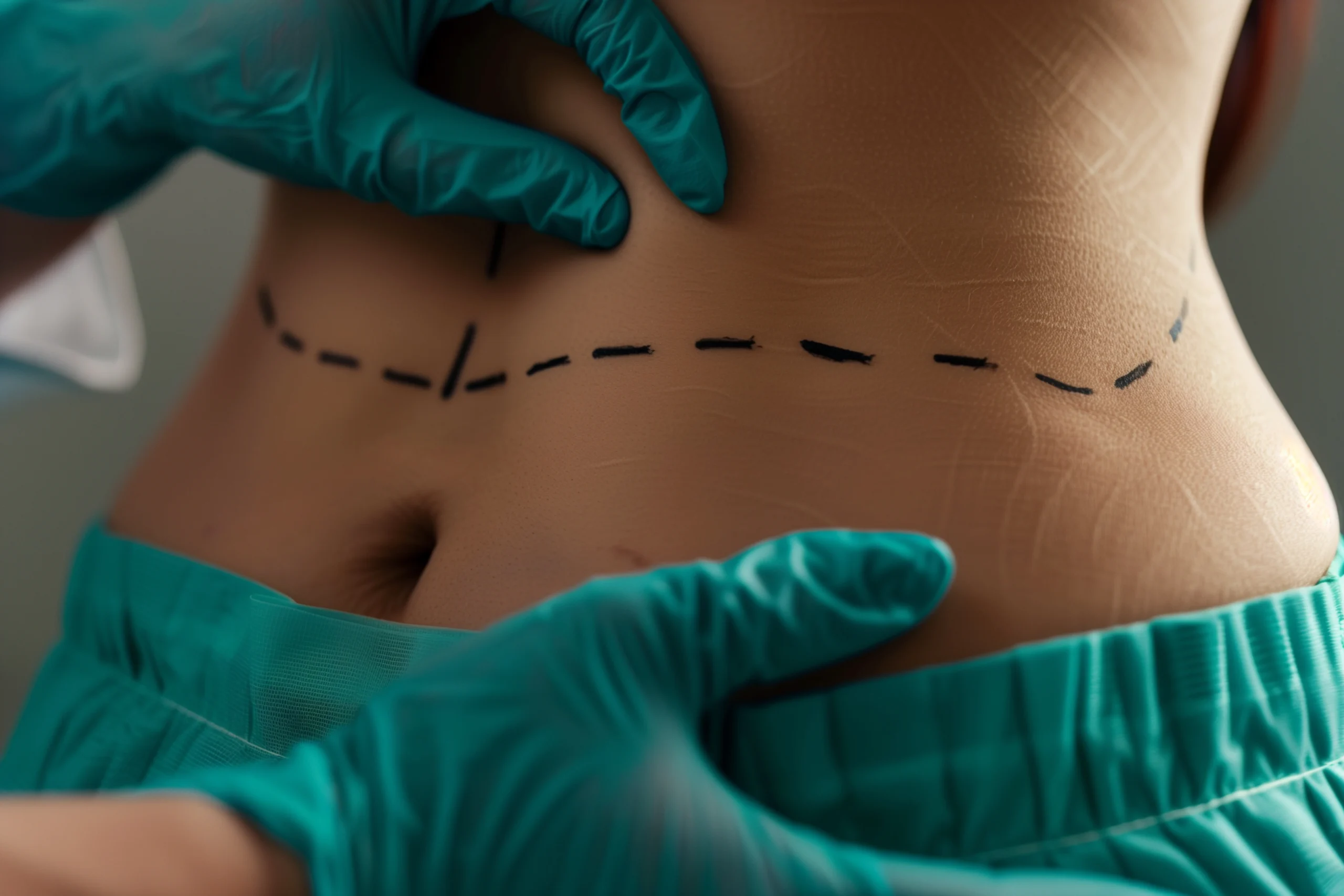 Preoperative surgical marking of the abdominal wall to determine the best abdominoplasty techniques in Dubai for tissue excision.