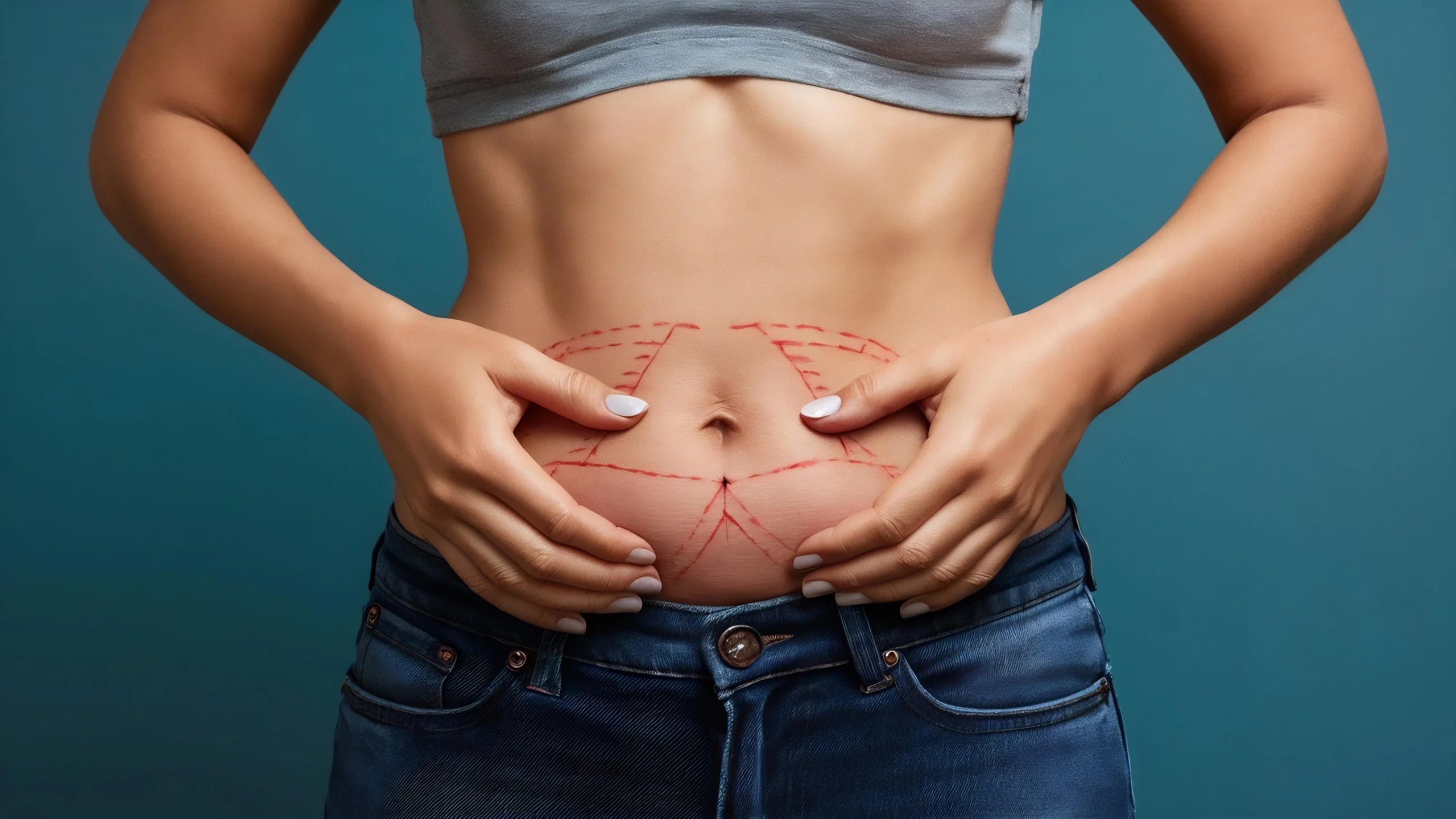 Clinical markings of the anterior abdominal wall and infraumbilical region for Combined Liposuction and Abdominoplasty in Dubai.
