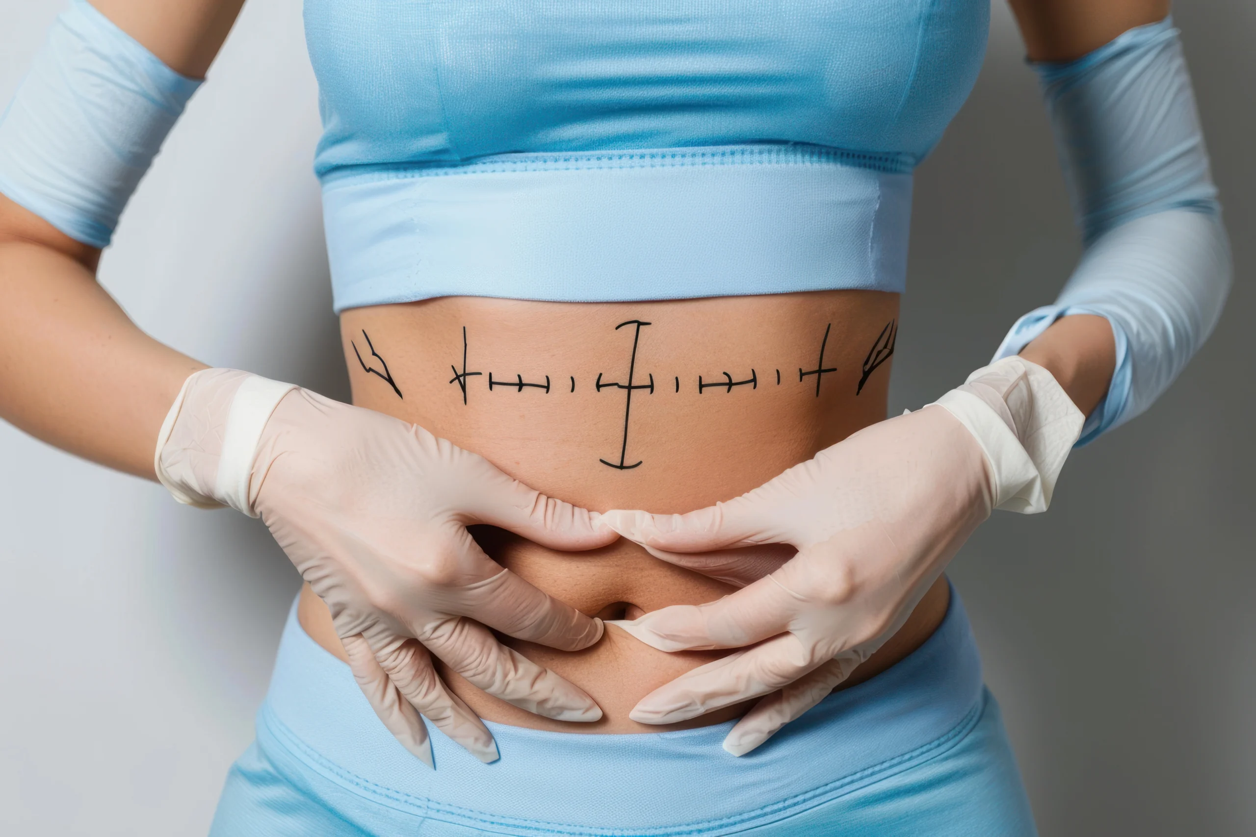 Surgical markings on the anterior abdominal wall for rectus diastasis repair and Before and After Abdominoplasty Surgery in Dubai.