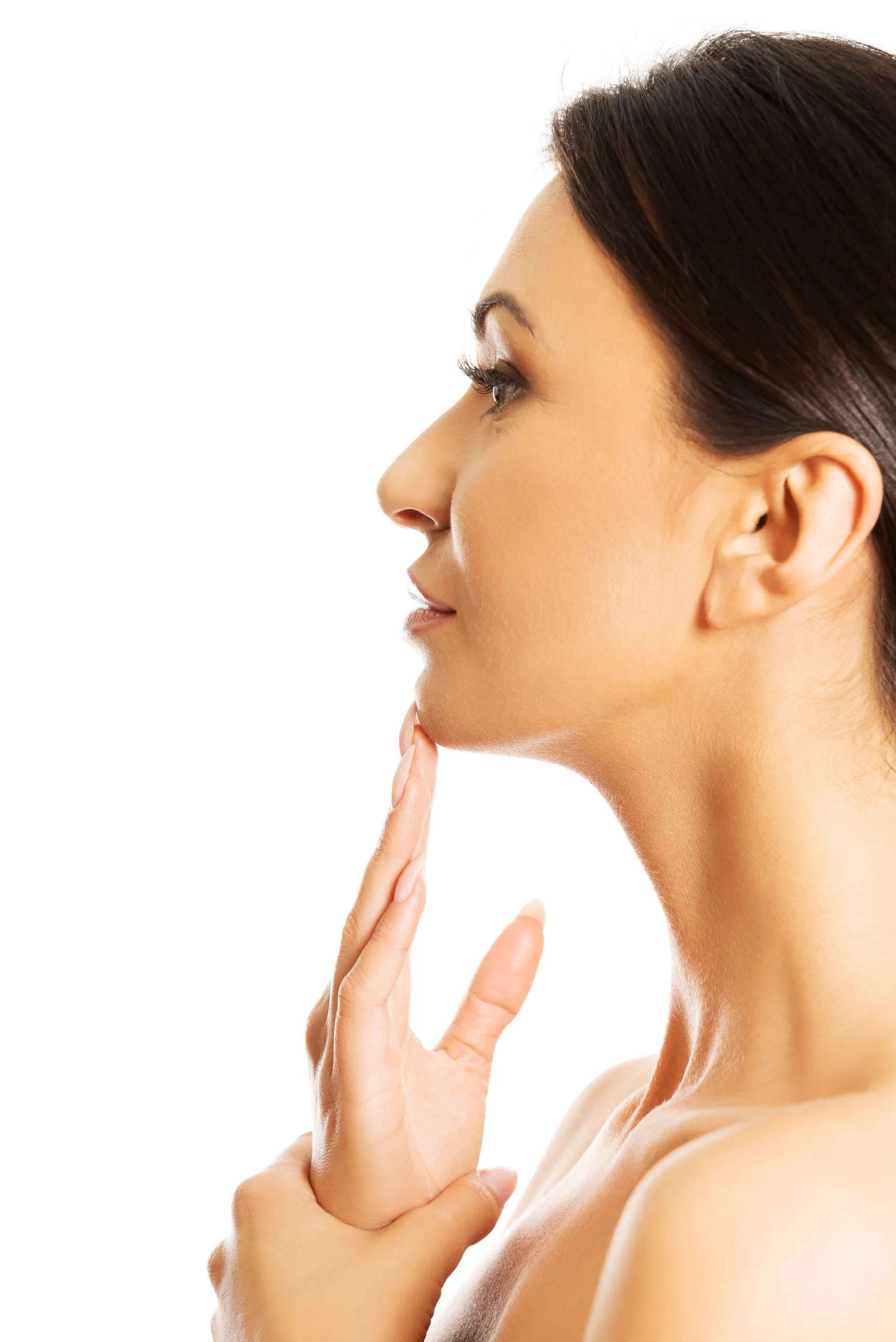 Profile view of a prospective patient illustrating the subcutaneous fat distribution and skin elasticity required to be a good candidate for Double Chin Liposuction in Dubai.