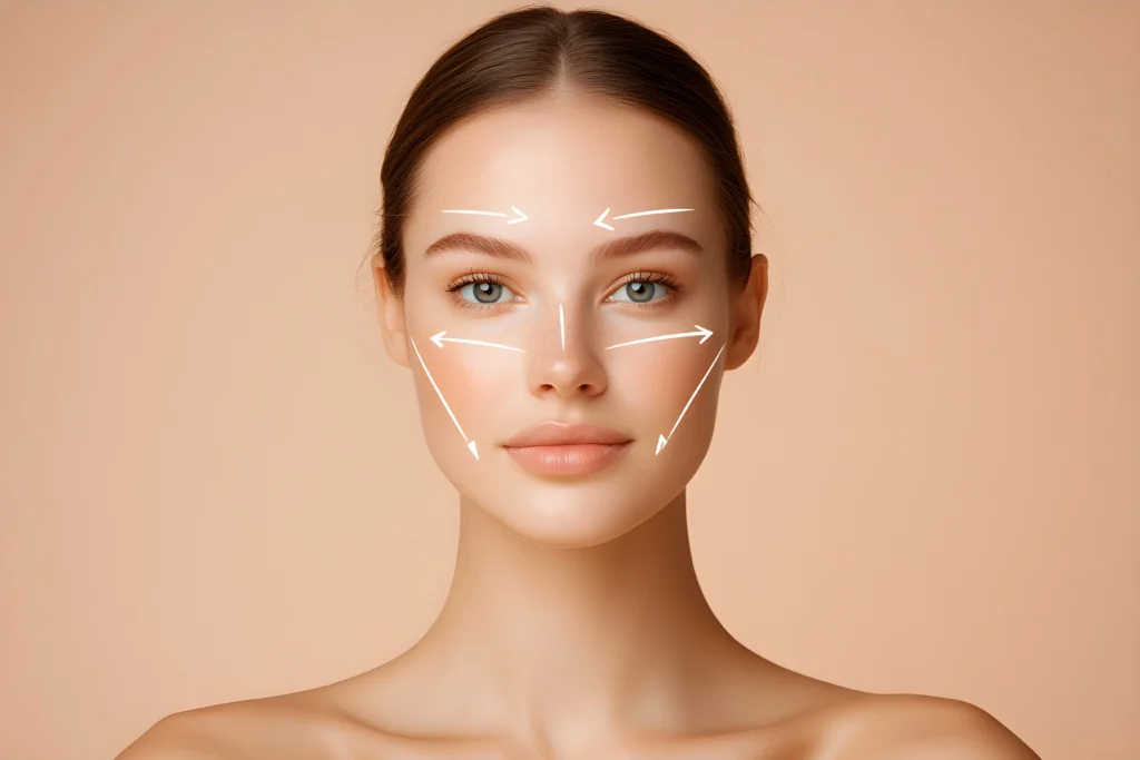 A professional diagram showing vector arrows on a female patient's face to demonstrate the surgical lift direction and deep tissue tension placement during a natural facelift.