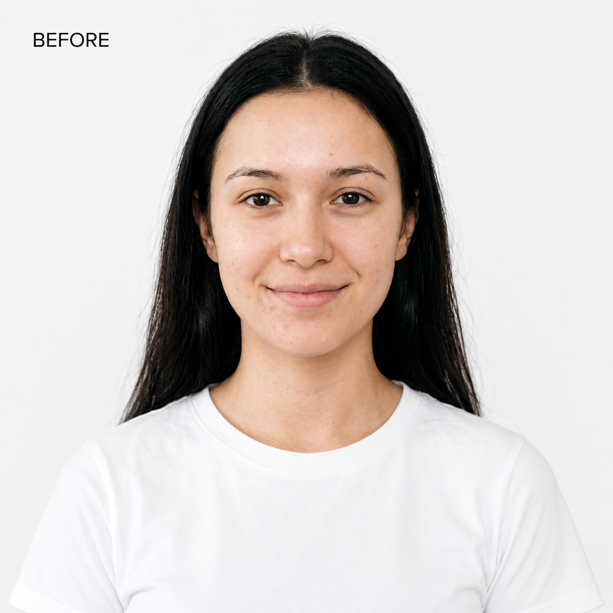 A frontal headshot of a smiling young woman with long straight black hair parted down the middle, wearing a white t-shirt against a plain white background, featuring a text label reading "BEFORE" in the upper-left corner to show the preoperative baseline for Blepharoplasty in Dubai.