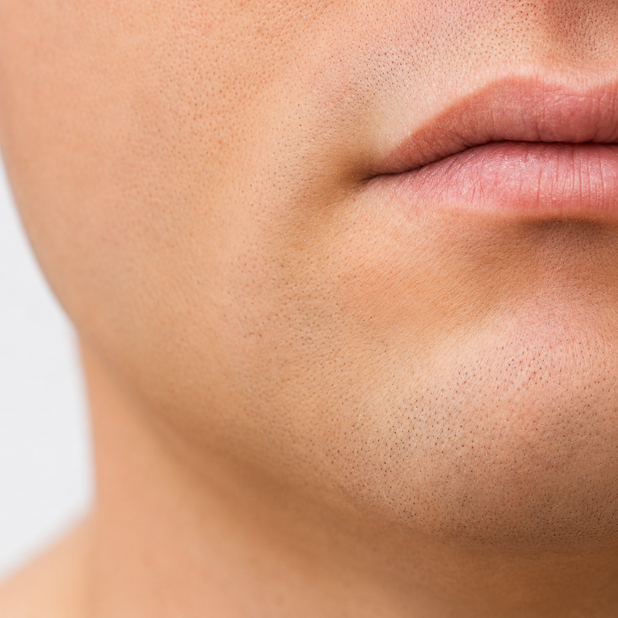 A detailed close-up side perspective of a man's lower cheek, chin, and lips against a plain light background, showing sparse hair follicles and smooth skin texture along the jawline to establish a baseline for a Beard Transplant in Dubai.