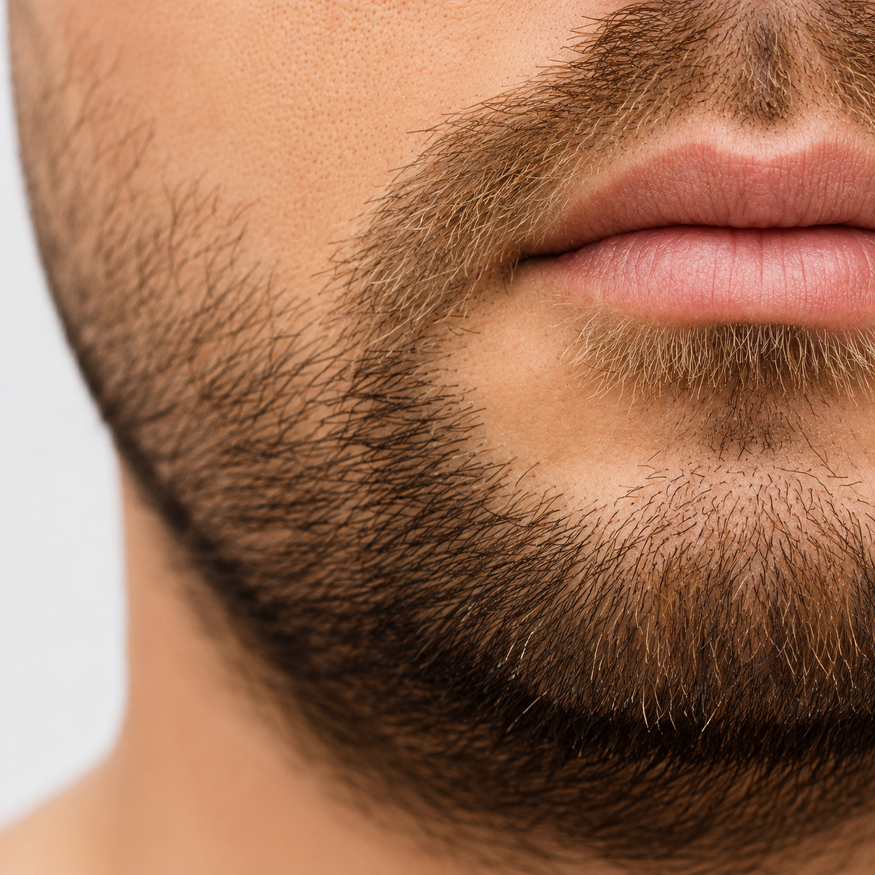 A detailed close-up three-quarters perspective of a man's lower face and neck against a plain light background, showcasing dense, evenly distributed brown facial hair stubble covering the cheek, jawline, upper lip, and chin achieved after a Beard Transplant in Dubai.