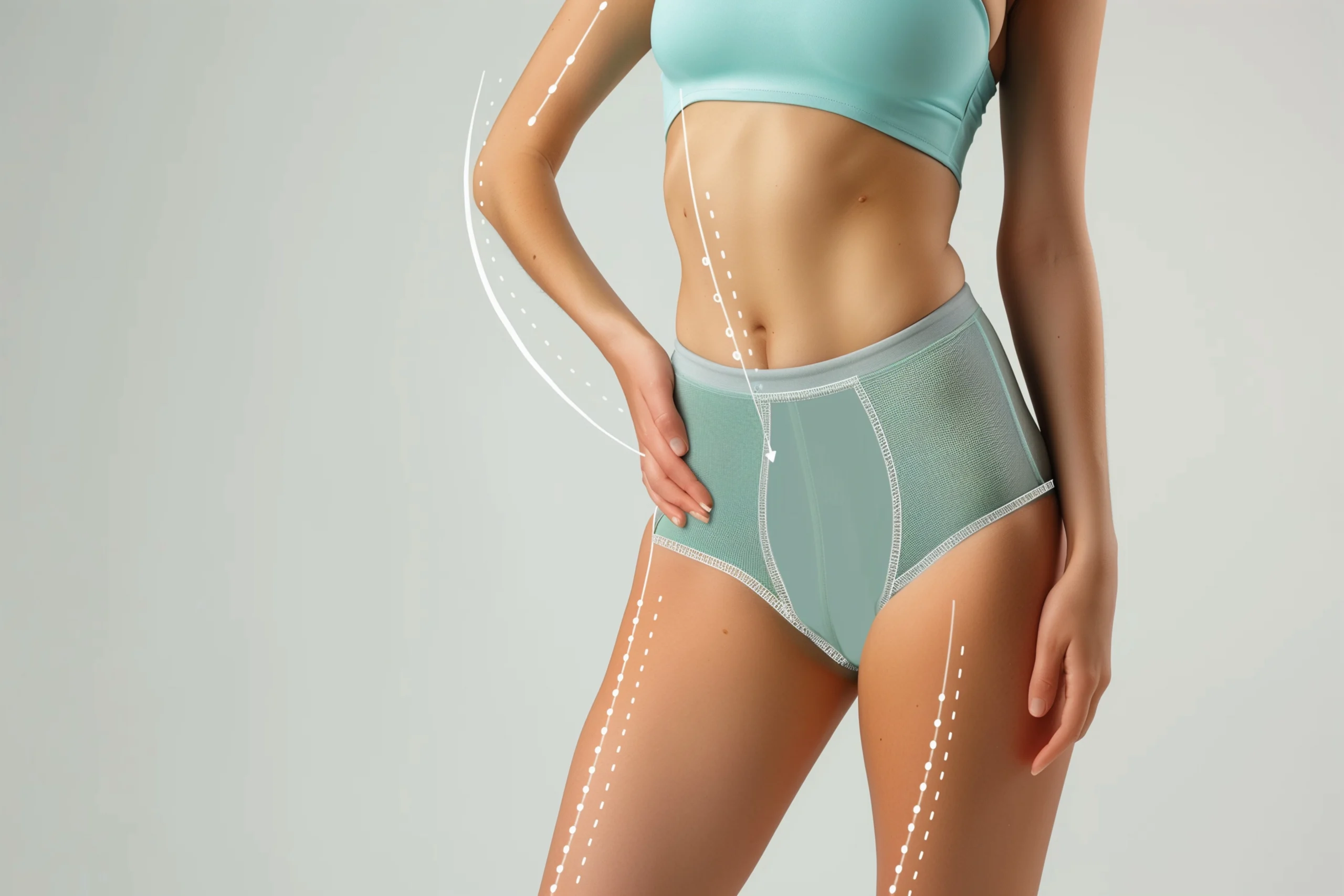 A cropped frontal view of a woman’s sculpted torso and thighs in sage green high-waisted briefs and a light blue top, featuring white digital vector lines and arrows across her waist and legs to illustrate the target zones for Lipo 360 Dubai.