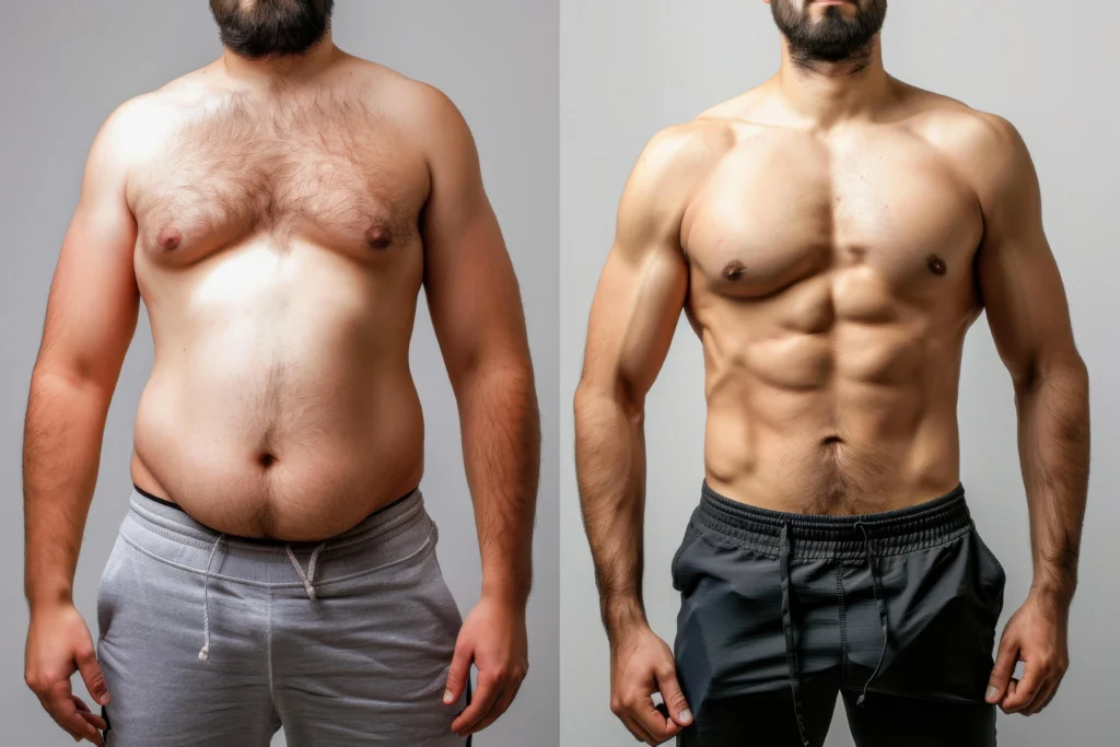 A side-by-side frontal view comparison of a male torso showing a transition from high subcutaneous fat levels to a sculpted abdominal wall and contoured pectoral muscles after completing the stages of V Sculpt liposuction recovery dubai.