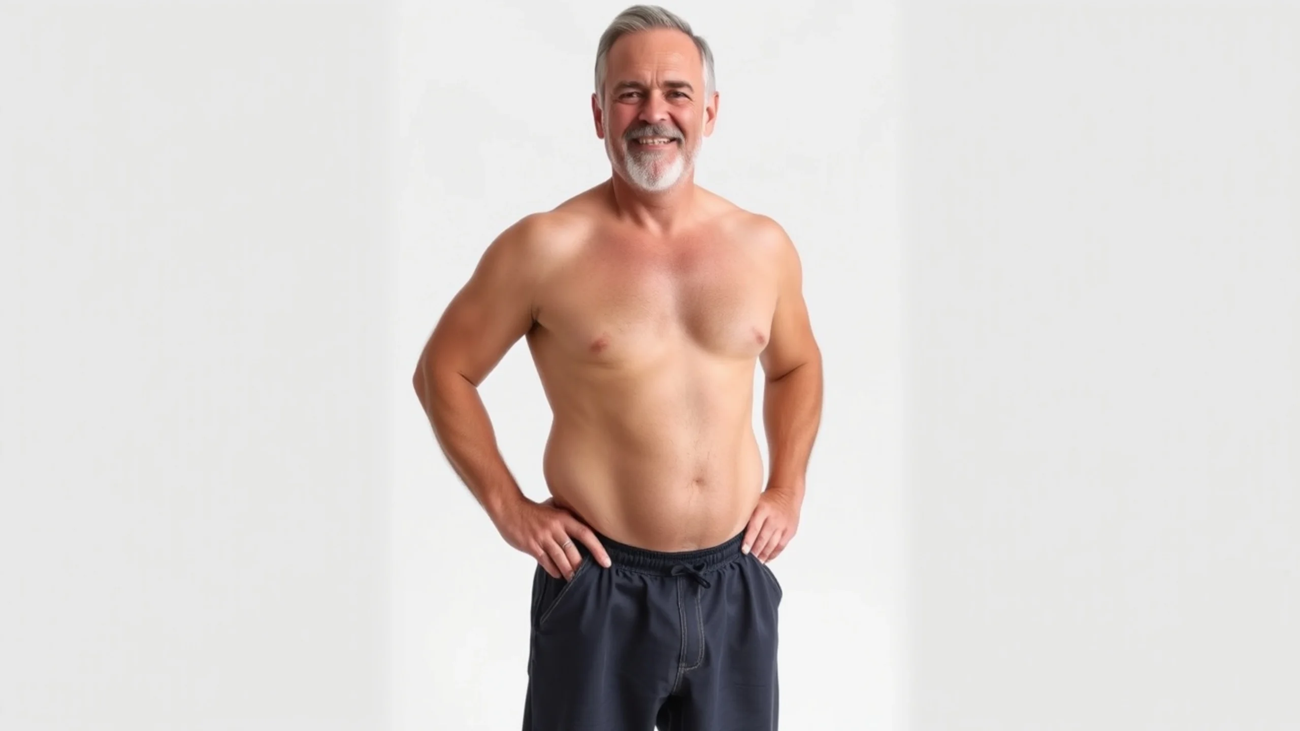 A smiling mature male patient standing shirtless with hands on his hips, showcasing an improved chest contour and reduced abdominal flank tissue during his V Sculpt liposuction recovery dubai.