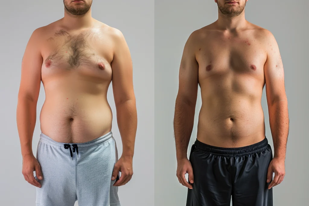 A side-by-side frontal view comparison of a male torso showing a noticeable reduction in abdominal wall volume, decreased flank tissue, and an athletic chest shape after undergoing V Sculpt Liposuction Dubai.