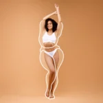 A detailed full-length frontal clinical graphic of a woman with curly hair standing in white underwear against a solid tan background, with stylized white outline diagrams framing her torso, waist, hips, and thighs to illustrate multi-stage surgical planning for Full Body Liposuction In Dubai.