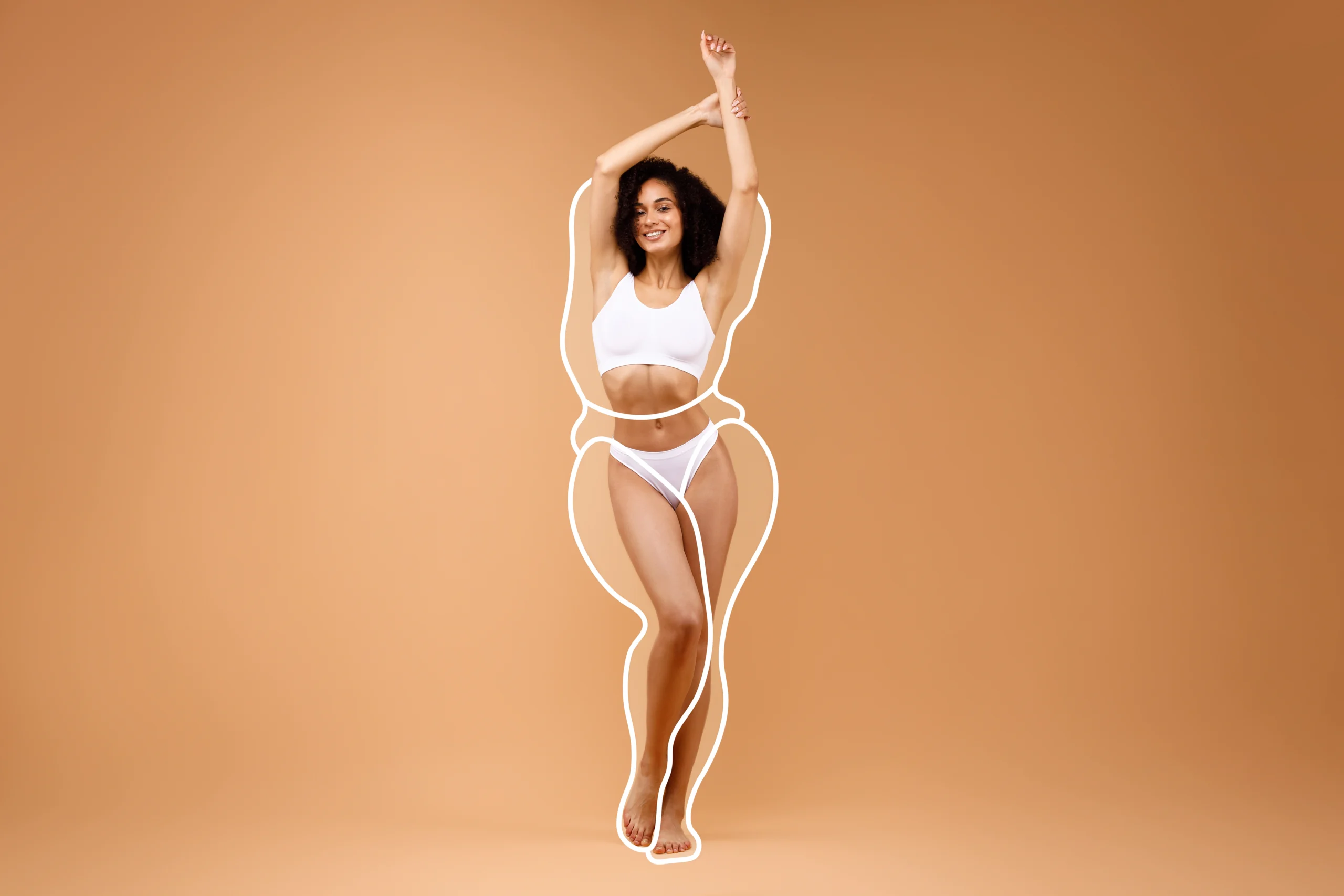 A detailed full-length frontal clinical graphic of a woman with curly hair standing in white underwear against a solid tan background, with stylized white outline diagrams framing her torso, waist, hips, and thighs to illustrate multi-stage surgical planning for Full Body Liposuction In Dubai.
