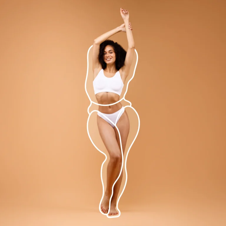 A detailed full-length frontal clinical graphic of a woman with curly hair standing in white underwear against a solid tan background, with stylized white outline diagrams framing her torso, waist, hips, and thighs to illustrate multi-stage surgical planning for Full Body Liposuction In Dubai.