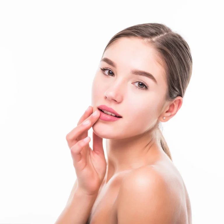 beautiful-spa-young-woman-touching-her-face-isolated-white-wall