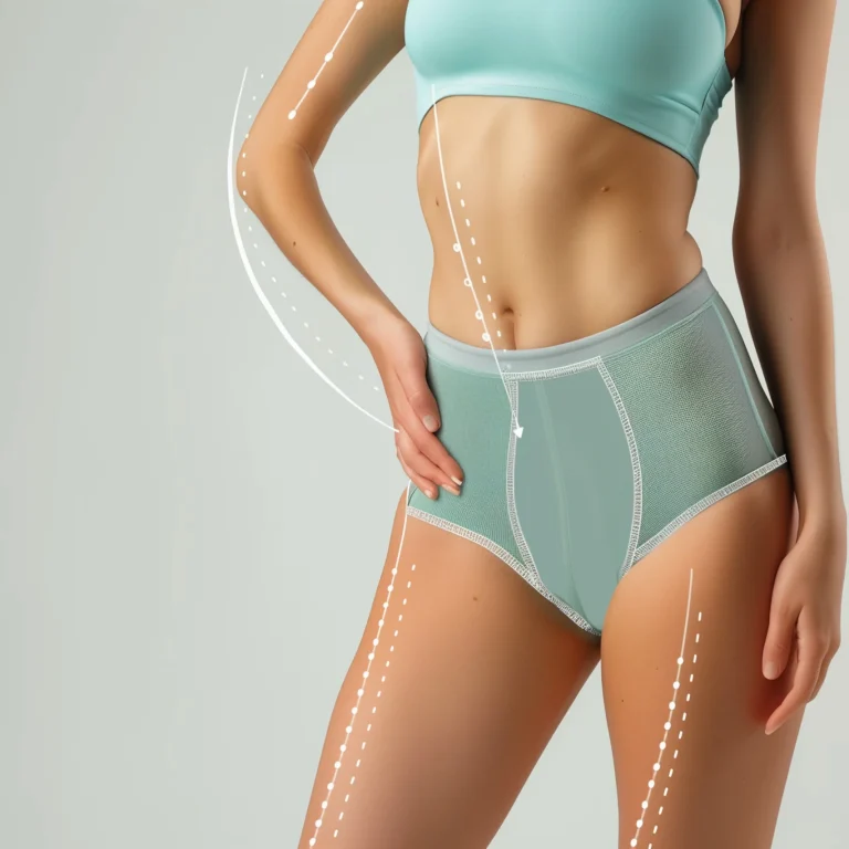 A cropped frontal view of a woman’s sculpted torso and thighs in sage green high-waisted briefs and a light blue top, featuring white digital vector lines and arrows across her waist and legs to illustrate the target zones for Lipo 360 Dubai.