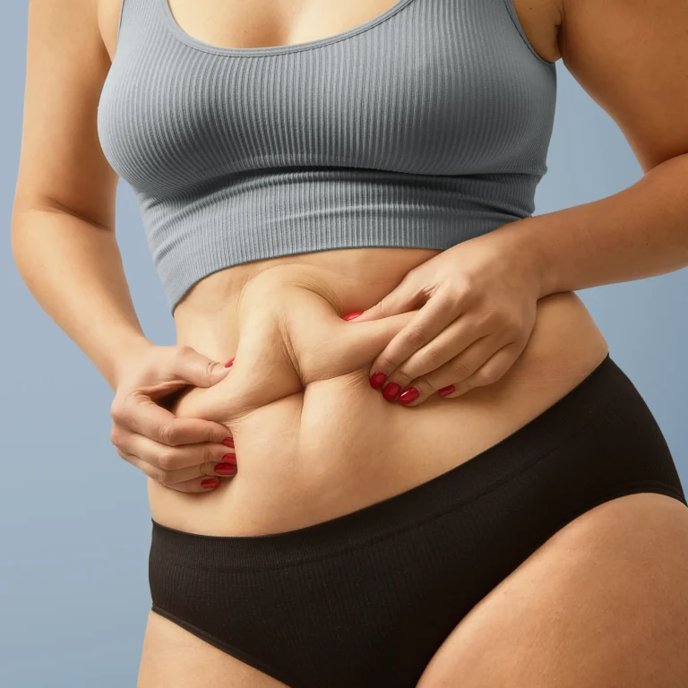 An anonymous close-up shot of a female patient holding loose abdominal skin and excess tissue, highlighting the structural issues addressed during a Tummy Tuck Dubai procedure to restore a contoured abdominal wall.