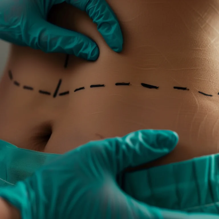 Preoperative surgical marking of the abdominal wall to determine the best abdominoplasty techniques in Dubai for tissue excision.