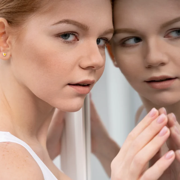 A female patient looking at her profile reflection in a mirror during an evaluation for Rhinoplasty Thin Skin vs Thick Skin in Dubai, focusing on the dorsal esthetic lines and nasal tip definition.